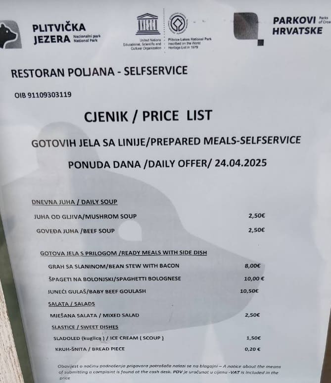 цены в ресторане поляна плитвицкие озера